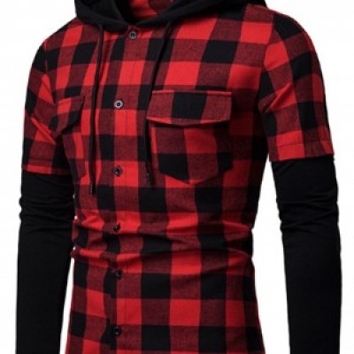 SKLS010 custom-made hooded long-sleeve plaid shirt Men's fake two-piece shirt supplier detail view-4